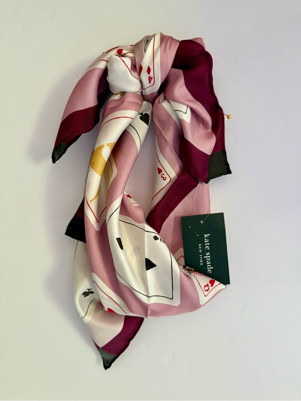 kate spade Pink and Burgundy Playing Cards Silk Square Scarf - Picture 2 of 9